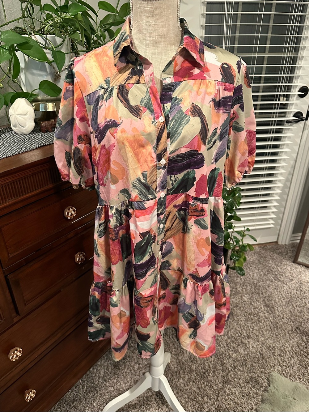 Colorful Abstract Brushstroke Button-Front Dress